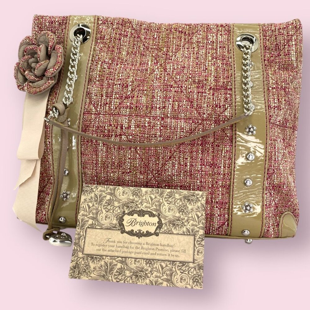 Brighton Josette Pink Tweed & Faux Leather Shoulder Bag With Flower Accent